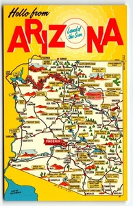 Postcard Hello from Arizona Map Land of the Sun UNP Chrome AZ - Picture 1 of 2