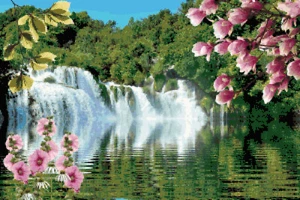 Waterfall Tranquility Scenic Nature Counted Cross Stitch Pattern Pixel Art Chart - Picture 1 of 4