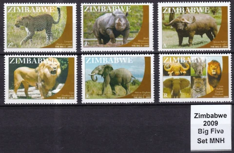 2009 Zimbabwe Big 5: Lion, Elephant, Leopard, Buffalo, Rhino, MNH Set | Zimbabwe Cover