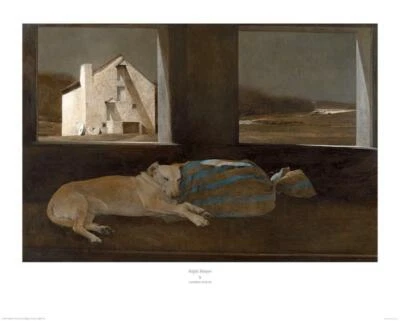 Litografía offset Night Sleeper Andrew Wyeth impresión artística perro amarillo labrador 24x30 Foto 1 de 2