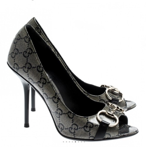 Gucci décolleté punta aperta in tela rivestita di cristallo beige blu metallizzato Horsebit