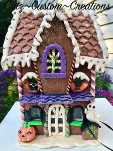 Halloween Gingerbread Haunted House Decor  10” Light Up LED Clay Dough Ghost Cat - Picture 1 of 12
