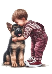 GERMAN SHEPHERD PUPPY AND SMALL CHILD DOG GREETINGS NOTE CARD - Picture 1 of 1