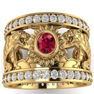 Gorgeous Double Row Rhinestones Tiger Ring for Men Punk Red Zircon Animal Rings
