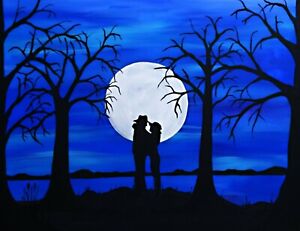 Western Silhouette cowboy and his cowgirl, portrait in moonlight, romantic art