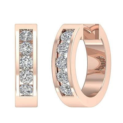 Hoops Earring SI1 G 0.75 Ct Round Cut Diamond 14K Rose Gold 0.80Inch Channel Set - Image 1 of 4