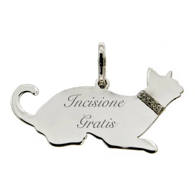 Ciondolo gatto disteso mm14x28 in argento 925 rodiato -personalizzabile- - Immagine 1 di 2