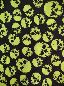 TRICK OR TREAT RETRO VINTAGE HALLOWEEN GREEN SKULLS ON BLACK BACKGROUND FABRIC - Picture 1 of 1