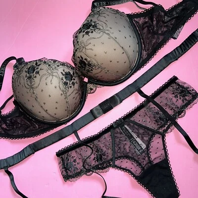Victoria's Secret 32D, 32DDD, 34C, 36C, 36D CONJUNTO SUJETADOR + liga + tanga NEGRO dorado bordado Foto 1 de 4