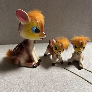 Set of 3 Bambi Ceramic Figurine Showa Retro Vintage Animal Ornament Bobblehead - Picture 1 of 6
