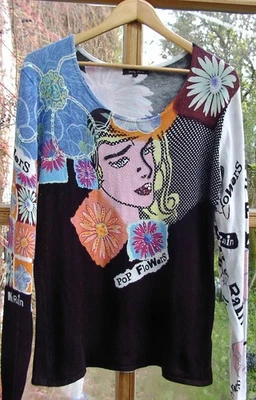 🌺Extravaganter Pop Art Feinstrick Pullover  Gr. 40 / 42 Pailletten Perlen - Bild 1 von 4