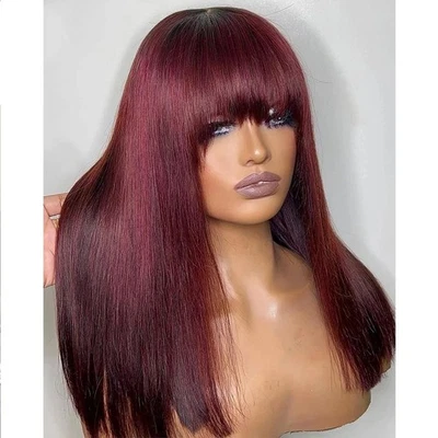 Burgundy Wig Human Hair Red Wigs with Bangs Brazilian Virgin Straight Wig wit... - Image 1 of 4