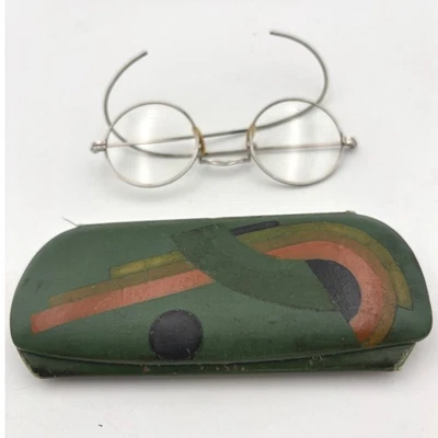 Óculos antigos 1900s aro de arame Pince-Nez/Windsor estojo art déco - Imagem 1 de 4