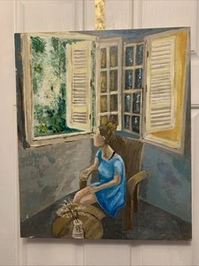 Vintage Signed Art Painting Girl Looking Through Cottage Window 20x24  BEAUTIFUL - Picture 1 of 13