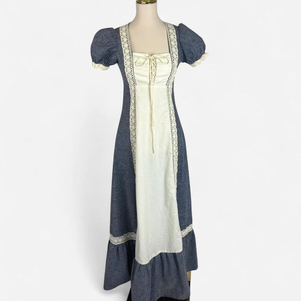 Maxi Vestido Vintage Años 60 Gunne Sax Etiqueta Negra Denim Cambray Talla 9 RARO Foto 1 de 4