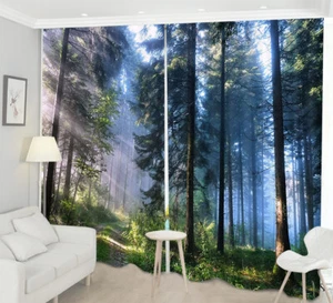Woodland Sunlight Forest Trees 3D Window Curtains Mural Blockout Drapes Fabric - Picture 1 of 11