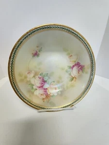 Vintage JSV Germany Pink & Yellow Rose Bouquet Decorative Bowl Gold Trim Green - Picture 1 of 15