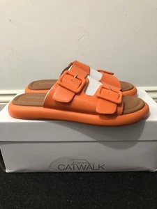 Graceland Deichmann Orange Buckle Double Strap Sliders Flat Sandals UK 4 EU 37 - Picture 1 of 14