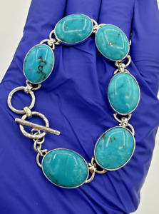 Beautiful 925 Sterling Silver Blue Turquoise Stone Bracelet Size 7.5”