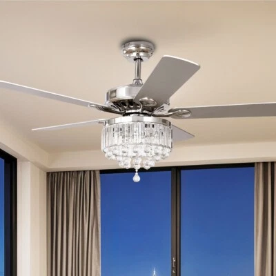 52" Indoor Crystal Ceiling Fan Chandelier w/ Light & Remote Reversible Timer - Image 1 of 4