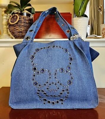 NUEVO Bolso de Mano Betsey Johnson Denim Calavera Esqueleto Ojal Cartera/Bolso de Hombro Foto 1 de 4