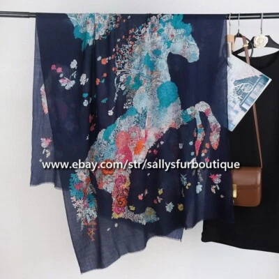 Sallys Cashmere Scarf Wrap Shawl Floral Horse Print Soft Delicate Light 78"*39" - Image 1 of 4