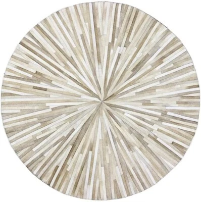 100% Cowhide Leather Rug – Handmade Round Beige Stripe Patchwork Area Carpet - Image 1 of 3