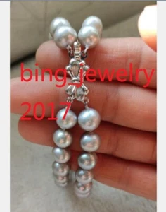AAA + 9-10 mm Pulsera Perla Redonda Gris Mar del Sur 2 Filas 7.5-8"" Plata 925 - Imagen 1 de 3
