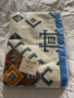 Vtg. New Aztec Cannon Blanket blue Satin Binding 72"x80”Twin/Full  USA - Image 1 of 4