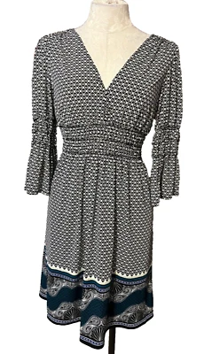 Max Edition Studio Dress Green Blue Ivory M Medium 3/4 Long Sleeve Washable - Image 1 of 4