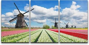 Wall26 Canvas Wall Art Set of 3 - Netherlands Tulips Field with Dutch Windmills - Picture 1 of 6