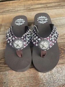 MONTANA WEST STAR CONCHE BROWN SOLE BURGANDY BLING FLIP FLOPS SIZE 8 **NEW**  - Picture 1 of 4