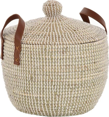 Seegras Wäschekorb Dekokorb Flechtkorb Korb Natur mit Deckel Ø37cm (Weiss Natur) - Bild 1 von 4