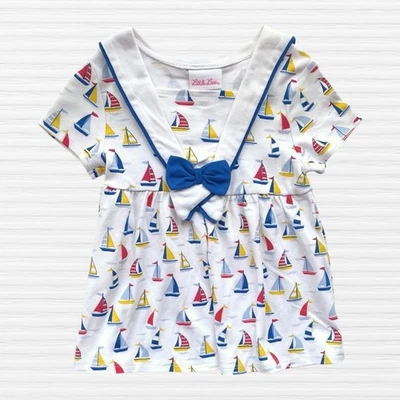 New Little Lass Toddler Girls Colorful Sailboat Top White Short Sleeve Size 4T - Image 1 of 4