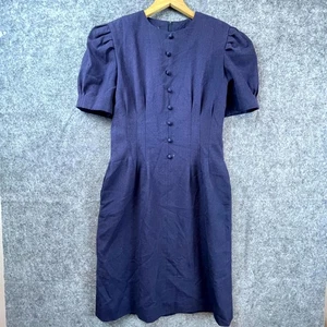 Vintage Angelica Dress Womens 10 Blue Button Front 80s Career Chic Retro - Picture 1 of 6