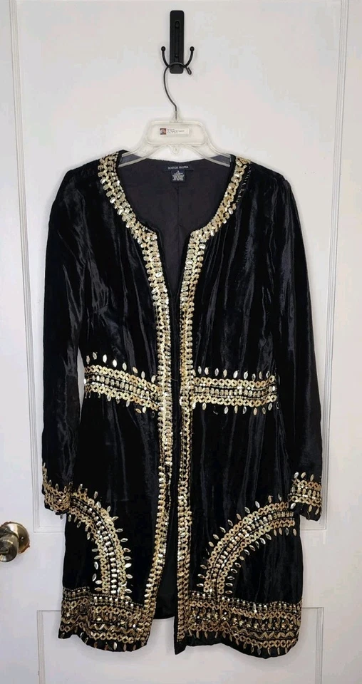 Size Small Boston Proper Crushed Black Velvet Gold Embellished Long Light Jacket - Image 1 of 4