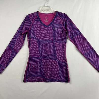 Nike Pro Active Top Womens Sz M Shirt Pink Fitted V-Neck Dri-Fit Long Sleeve - Image 1 of 4