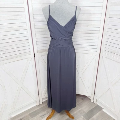 Vestido Jennifer Lopez Mediano Azul Gris Imitación Envoltura Drapeado Frontal Corbata Cintura Tejido Maxi Foto 1 de 4