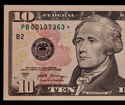 $10 2017A Star Gem CU Federal Reserve Note PB00107363* ten $, NY, 320K Run 1 - Image 1 of 3