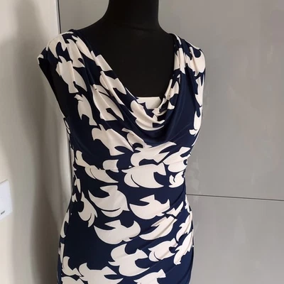 Phase Eight Size 14 (12?) Navy And Cream Cowl Neck Lined Dress Birds - Image 1 of 4
