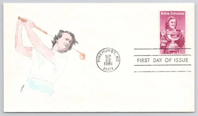 US #1932 Babe Zaharias 18C Watercolor Cachets Hand Painted FDC  Numbered 43/75 - Image 1 of 2