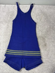 1920s Antique Marshall Fields Men Blue Wool Swimsuit Stripes Bathing Suit Tank - Picture 1 of 8
