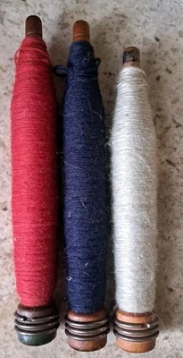 Antique Wooden  Thread Yarn Spools Vintage Lot of 3 Colors, 9 And 8 Inches Long. - Image 1 of 4