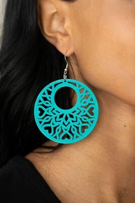Paparazzi Earrings - Tropical Reef - Blue- Wooden Bohemian Circular Frames - Image 1 of 2