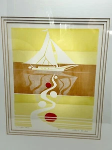 Impresión xilográfica Pearce Bates "Summer Sails" firmada, numerada, mate y enmarcada 23" - Imagen 1 de 11