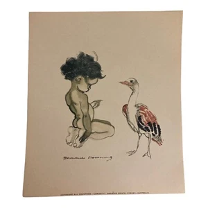 Vtg 60s BROWNIE DOWNING "Curiosity" Unframed Print Tinka & Bird 17.75 x 15.25cm - Picture 1 of 5