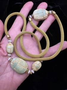 Egyptian Revival Necklace Faience Scarabs Gold Woven Chain 28” Very Unique LOOK - Picture 1 of 7