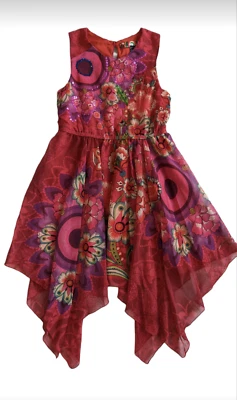 Desigual Girls Red Dress Sequins Floral Sleeveless Lined Sheer Chiffon Size 7/8 - Image 1 of 4