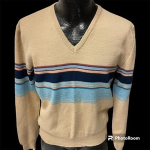 Vtg 60 70’s Cavallini Beige Blue Stripe V NECK Knit MOD Surfer Sweater L - Picture 1 of 8
