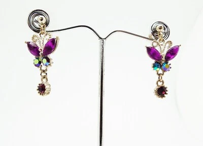 DESIGNER INSPIRED PURPLE RAINBOW CRYSTAL BUTTERFLY DROP DANGLE PIERCED EARRINGS - Image 1 of 4